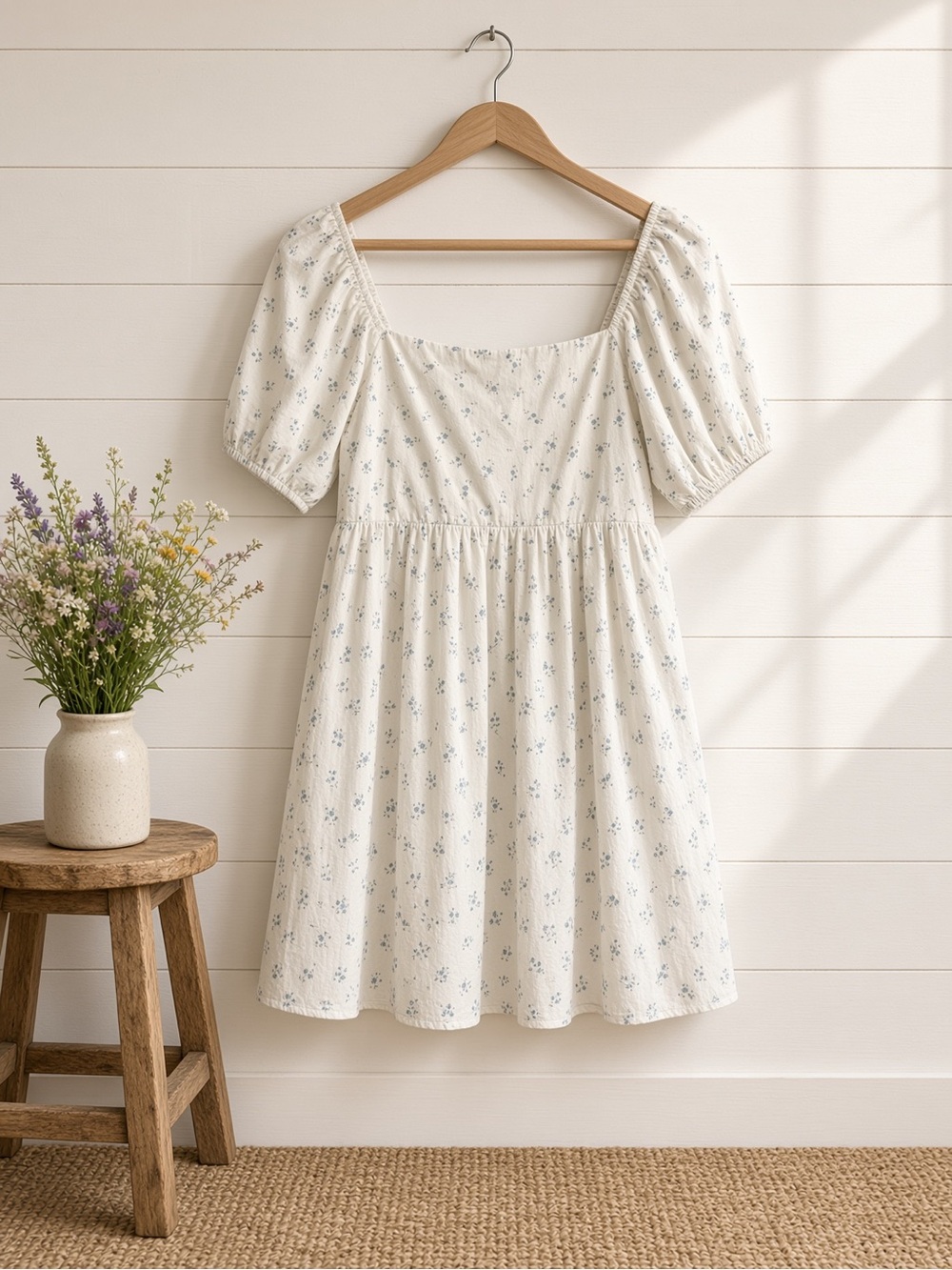 Puff Short Sleeve Square Neck Baby Doll Mini Dress Medium